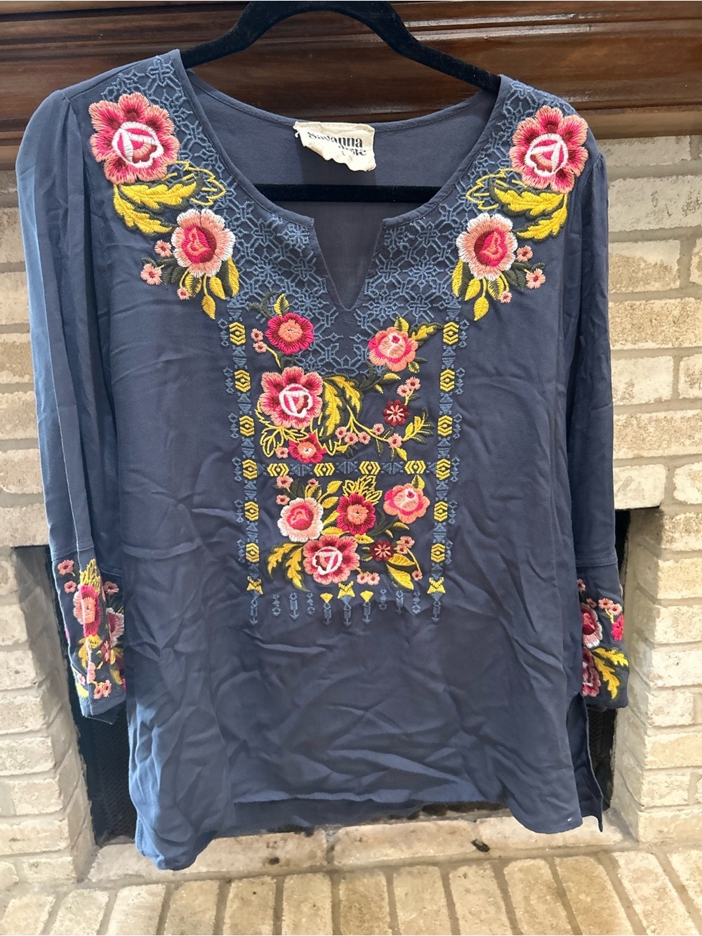 Savanna Jane Embroidered Floral Navy Women’s Tunic Top EUC